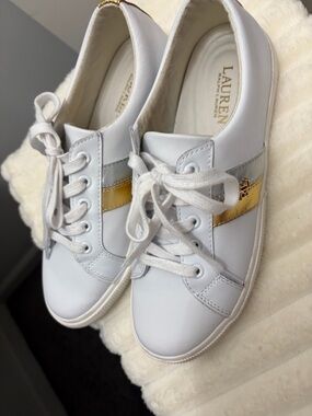 Lauren Ralph Lauren White Leather Sneakers with Gold Stripe
